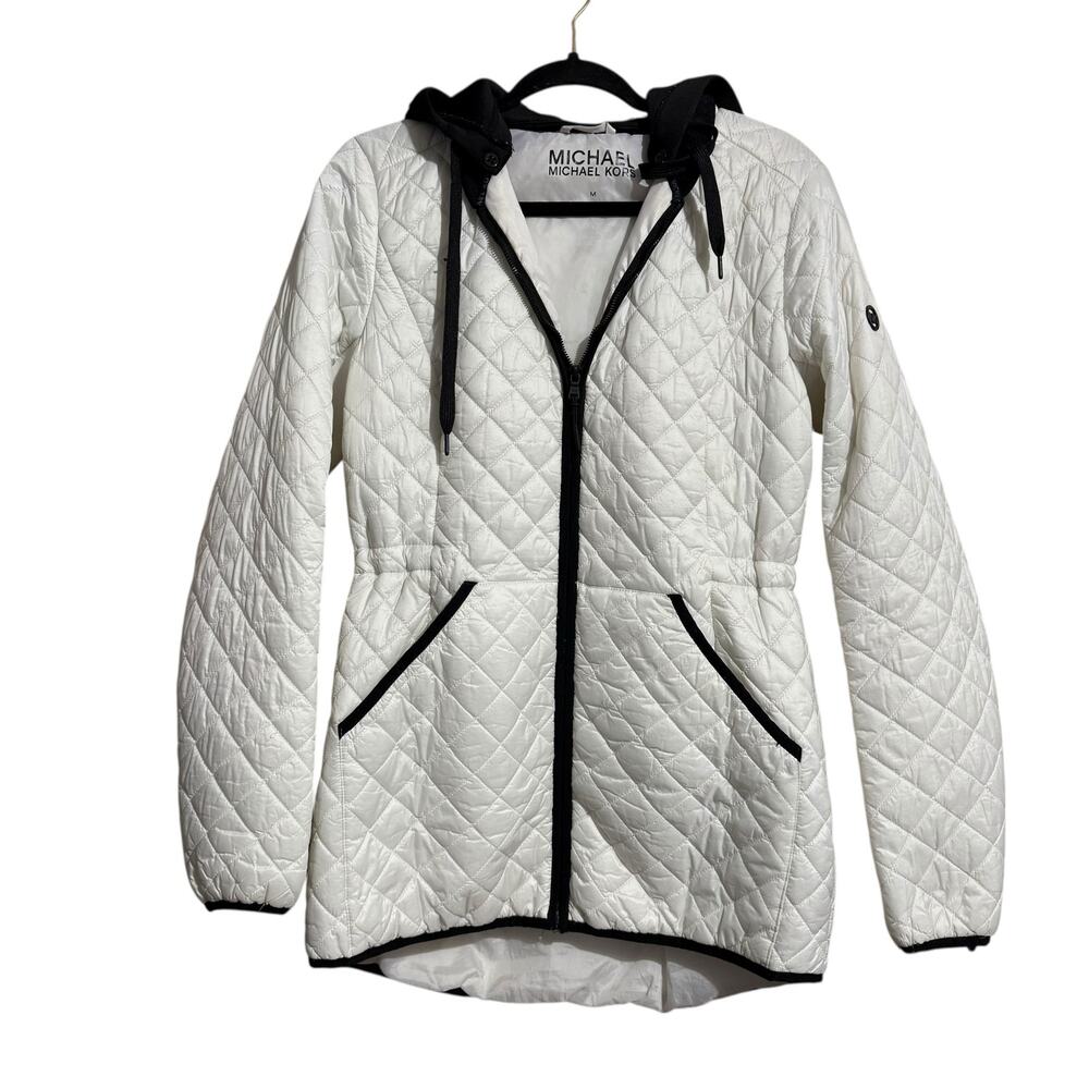 Michael Kors White &‎ Black Trim Quilted Nylon jacket with Hood & Pockets Medium